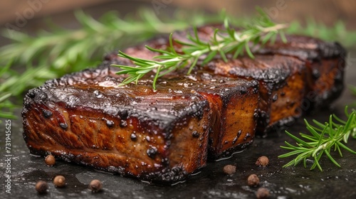 a close up of a piece of meat with a sprig of rosemary sprig on top of it. photo