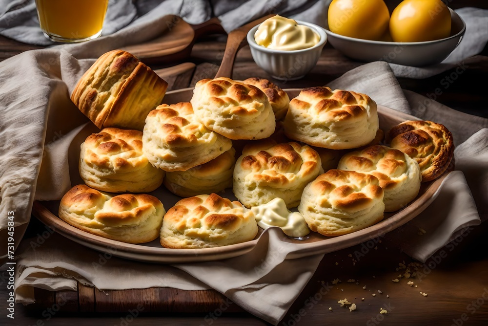 A platter of fluffy buttermilk biscuits with melted butter. A platter of fluffy buttermilk biscuits with melted butter.