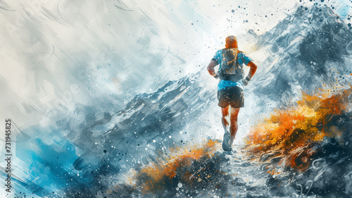 Watercolour style, illustration of a trail runner conquering rugged terrain, expressing the determination of the athletic journey 