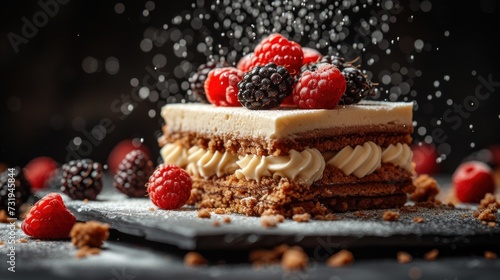 a piece of cake topped with raspberries and blackberries on top of a silver platter on a table.