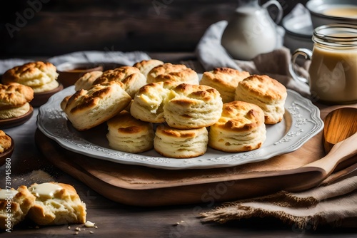 A platter of fluffy buttermilk biscuits served with melted butter 