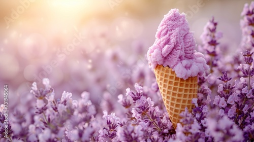 an ice cream cone with a pink frosting on top of it sitting in a field of purple lavender flowers. photo