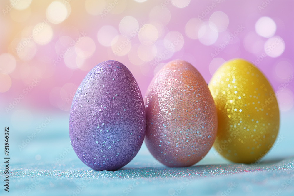 Colorful Easter eggs with a blurred glittered background Colorful Easter eggs with a blurred glittered background