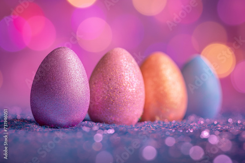 Colorful Easter eggs with a blurred glittered background