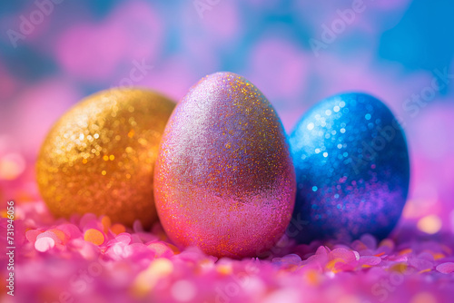 Colorful Easter eggs with a blurred glittered background