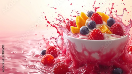a bowl of fruit and yogurt splashing into a pink liquid filled with blueberries  raspberries  and oranges.