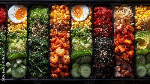 a tray filled with assorted veggies and a hard boiled egg on top of one of the trays. photo