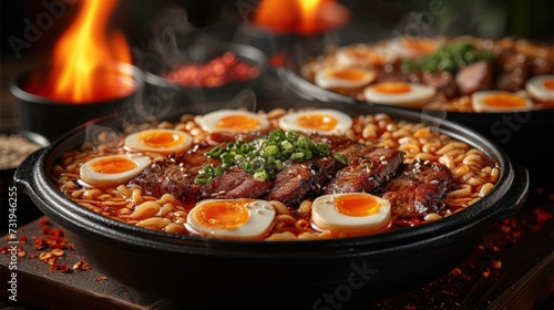 a close up of a plate of food with meat and eggs on top of it with a fire in the background.