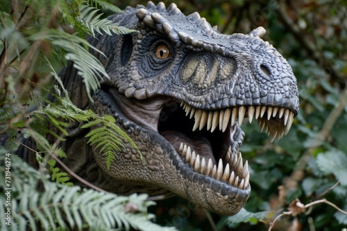 Tyrannosaurus T-rex raptor portrait huge giant carnivorous predatory dinosaur roars open mouth sharp teeth hunting outdoors nature rainforest Jurassic jungle. Dinosaurs realistic prehistorical animal © Yuliia