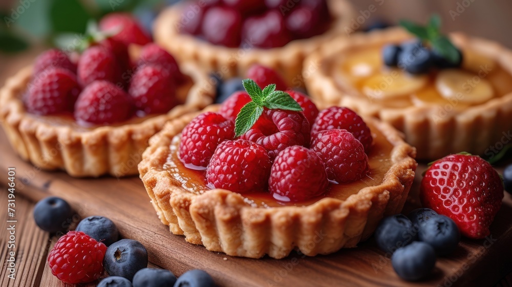 three tarts with berries and blueberries on a cutting board with leaves and berries on the side of the tarts. three tarts with berries and blueberries on a cutting board with leaves and berries on the side of the tarts.