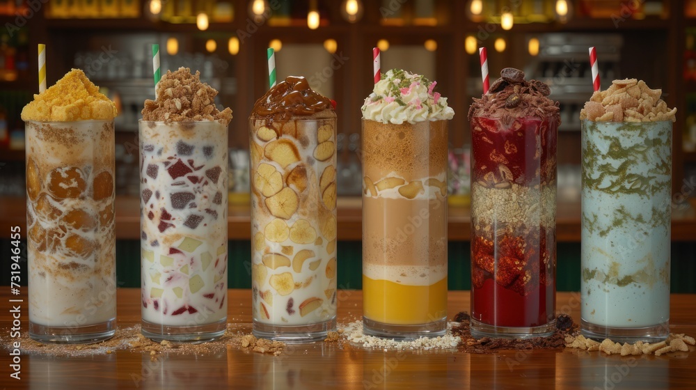a row of tall cups filled with different types of desserts and toppings on top of a wooden table.