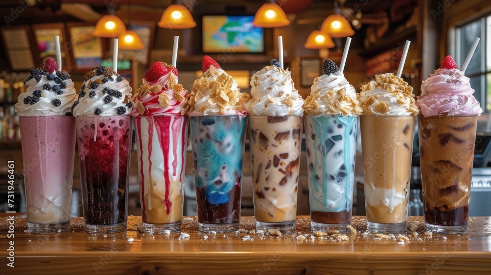 a row of ice cream sundaes sitting on top of a wooden table next to each other on top of a table.