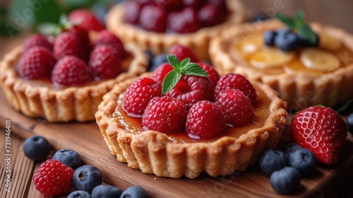 three tarts with berries and blueberries on a cutting board with leaves and berries on the side of the tarts.