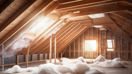 Efficient home upgrade, insulated attic. Skilled worker enhances thermal efficiency, transforming houses into energy-savvy havens. Building for a sustainable future photo