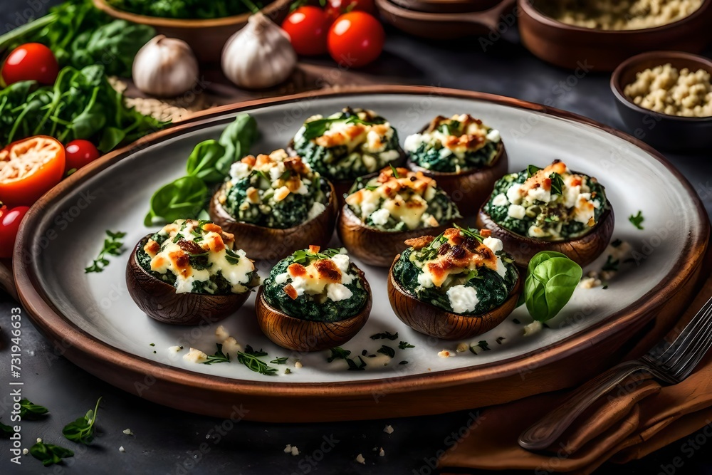 A dish of delicious spinach and feta-stuffed mushrooms A dish of delicious spinach and feta-stuffed mushrooms