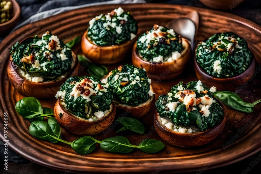 A plate of tasty spinach and feta-stuffed mushrooms