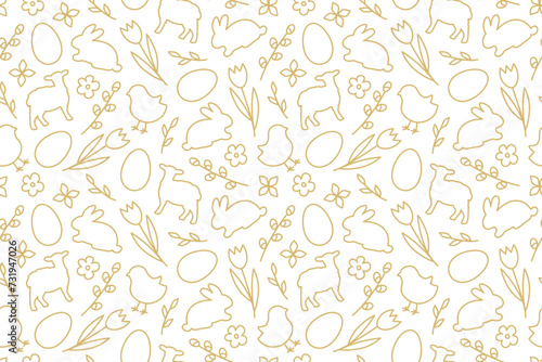 seamless Easter golden pattern with bunny, lamb, chicken, egg, tulip flower and willow catkins branches- vector illustration
