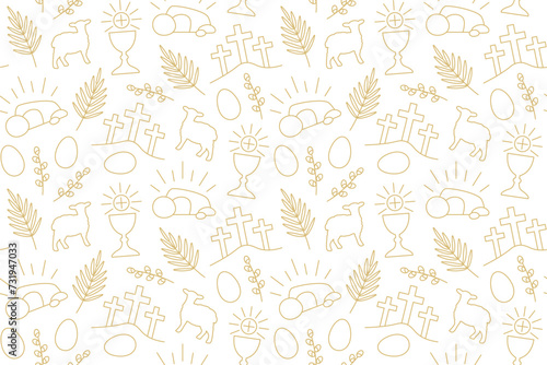 golden seamless pattern with Easter, Holy Week, Good Friday related icons: palm leaf, lamb, egg, Jesus tomb, Calvary hill, holy communion -vector illustration