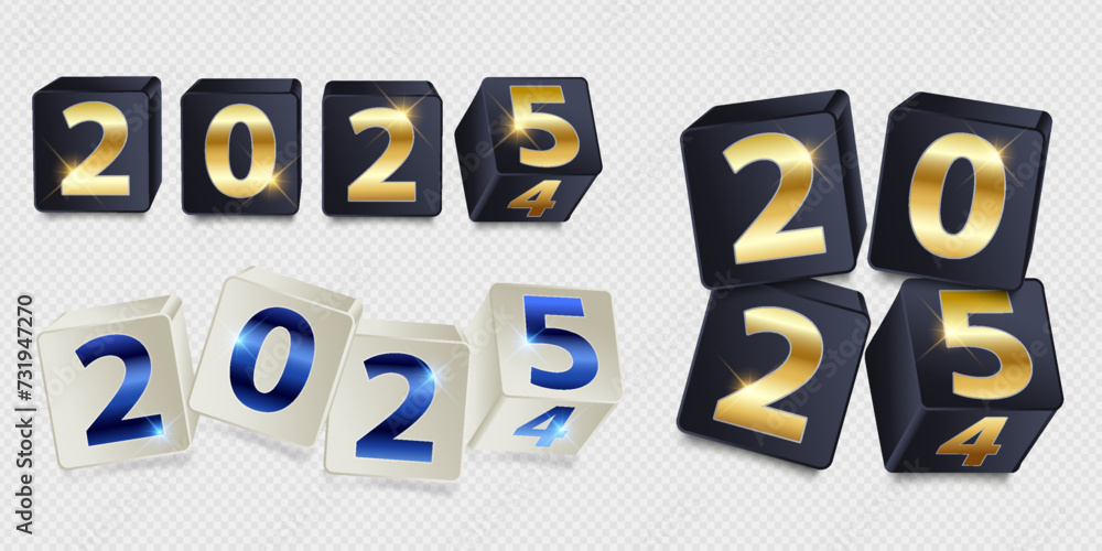 Realistic New Year 2024 banner in black and gold style. Christmas design with golden numbers and gift box. Dark background Realistic New Year 2024 banner in black and gold style. Christmas design with golden numbers and gift box. Dark background