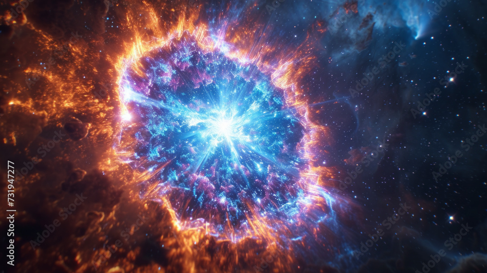 In a burst of brilliance, witness the explosion of a dying star, a supernova lighting up the cosmic dark with its radiant glow. In a burst of brilliance, witness the explosion of a dying star, a supernova lighting up the cosmic dark with its radiant glow.
