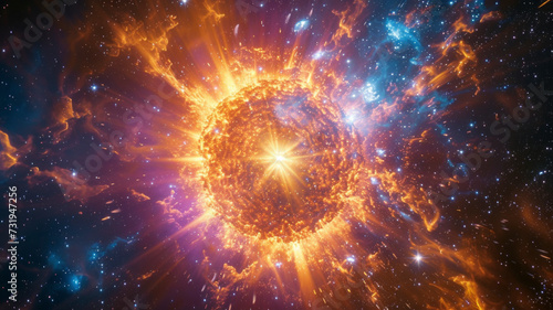 In a burst of brilliance, witness the explosion of a dying star, a supernova lighting up the cosmic dark with its radiant glow.