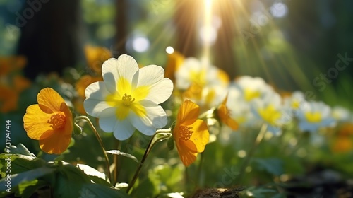 Beautiful white primroses flowers at the forest in spring time with smooth bokeh sun light in nature concept background.