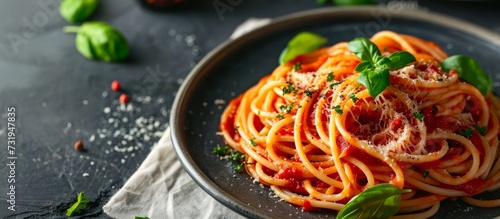 A delicious plate of pasta pomodoro, made with al dente noodles, tomato sauce, basil, and served on a table with tableware.