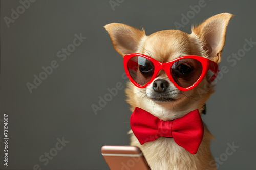 Chihuahua dog with red bow tie, phone and heart sunglasses. Valentine day. © Iulia