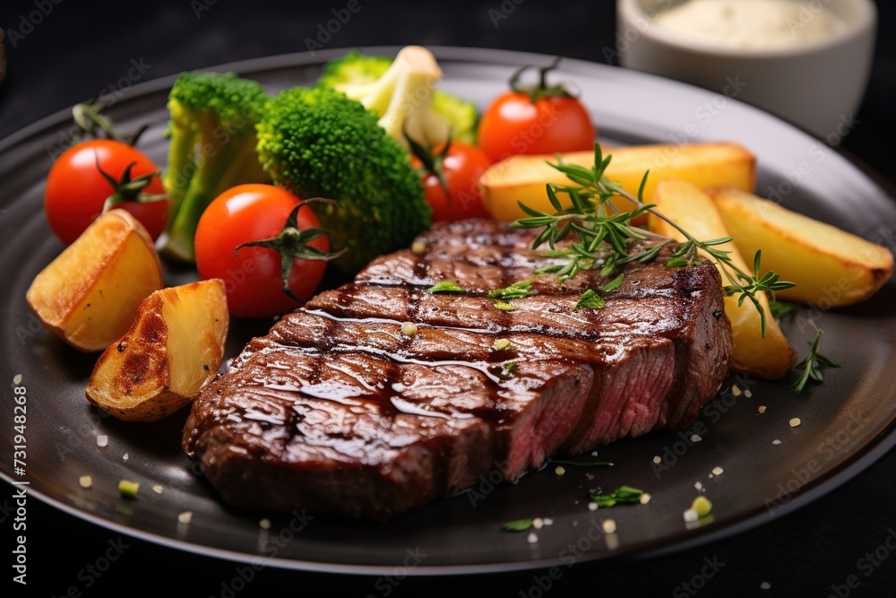 Steak with vegetables on a plate on a dark background Steak with vegetables on a plate on a dark background