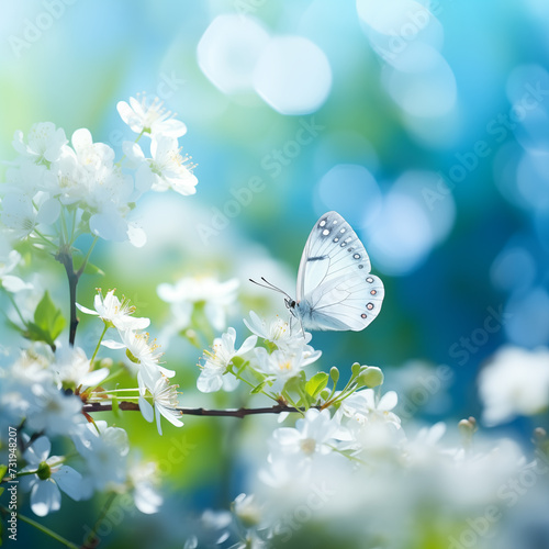 Beautiful White butterfly on a flower Fresh Spring morning on nature
