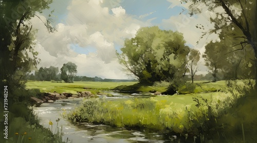 A pastoral scene featuring a quiet, flowing river cutting through a lush meadow. Landscape oil painting. 