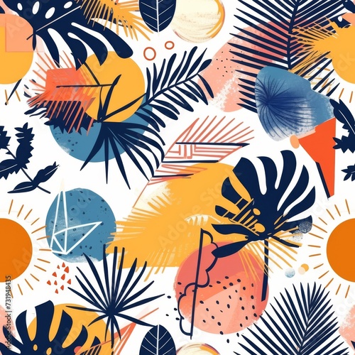 Modern Tropical Pattern with Abstract Elements. Seamless pattern of tropical leaves and abstract shapes in warm tones.