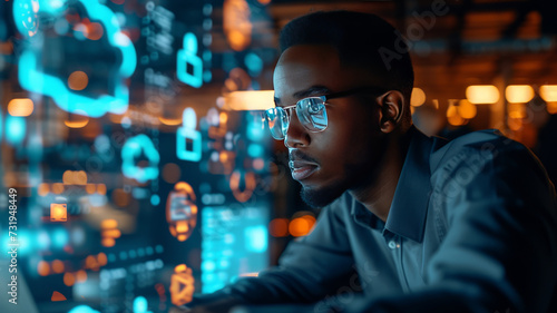 A handsome short black american project manager working on a computer in the office Augmented Reality social media icons appear on employees' laptops,generative ai