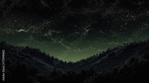 Starry Night over Snow-Capped Pines. A serene night sky full of stars above snow-covered pine trees.