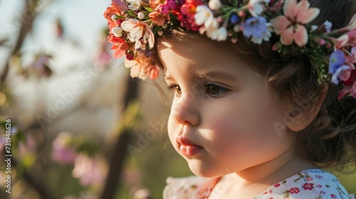 Serene portrait of a young girl with deep eyes, adorned with a floral crown, in a setting with soft focus on spring blossoms, radiating calm and a gentle spirit.