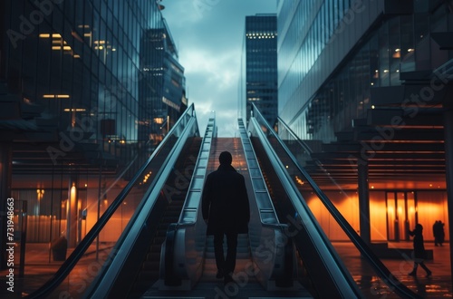Man on the escalator in the city. Business photography style. For banner, frame, advertisement, marketing, blog, social network.