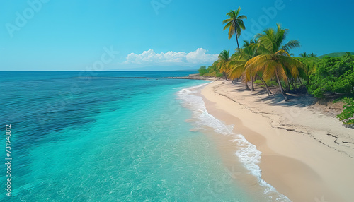 Aerial drone view of tropical beach with palm trees and clear turquoise ocean,generative ai