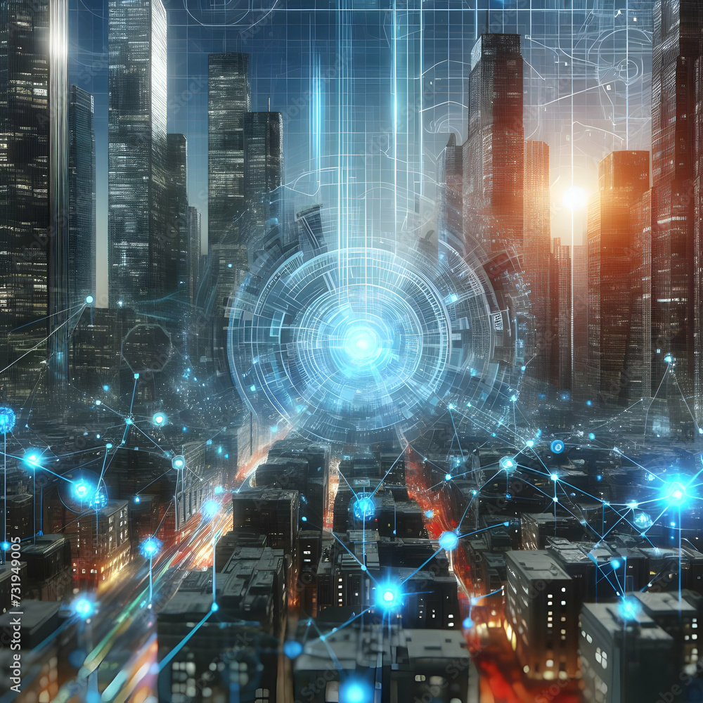 A futuristic cityscape with pulsating nodes of technology and communication A futuristic cityscape with pulsating nodes of technology and communication
