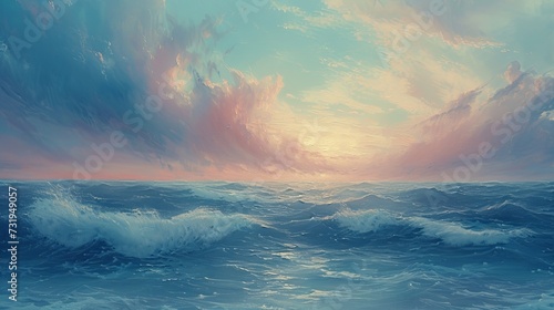 A serene seascape at dusk. Oil painting.  photo