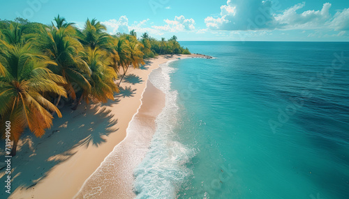 Aerial drone view of tropical beach with palm trees and clear turquoise ocean,generative ai