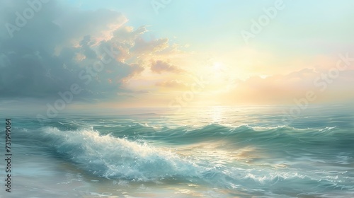 A serene seascape at dusk, with gentle waves rendered in smooth. Oil painting. 