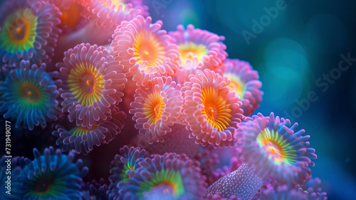 Super macro view, explore abyssal gardens as colorful coral polyps bloom, creating underwater oases teeming with life beneath the ocean's surface