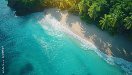 Aerial drone view of tropical beach with palm trees and clear turquoise ocean,generative ai