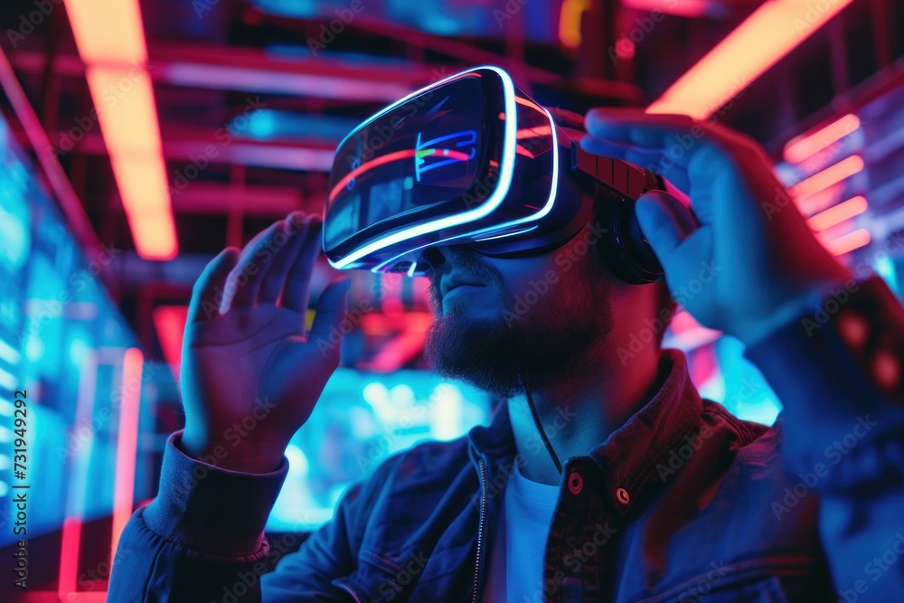 Man using virtual reality simulator headset Man using virtual reality simulator headset