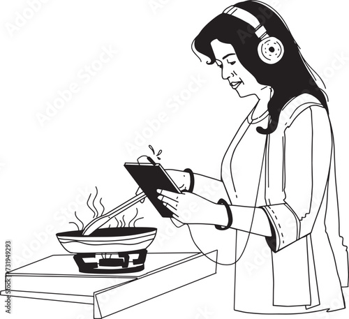 Young modern Indian women cuts fresh vegetables for salad or ragout in the kitchen. Flat vector cartoon illustration. Mom cooks dinner for the family. Cooking at home. Preparing vegetarian diet meals.