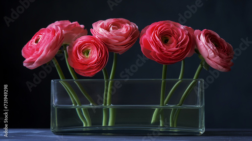 Bouquet of orange ranunculus on a pastel blue background.