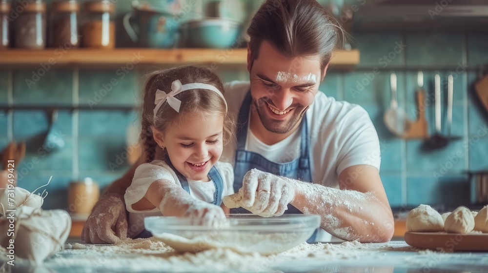 A joyful moment unfolds in the family kitchen as a father and daughter share happiness together
A joyful moment unfolds in the family kitchen as a father and daughter share happiness together