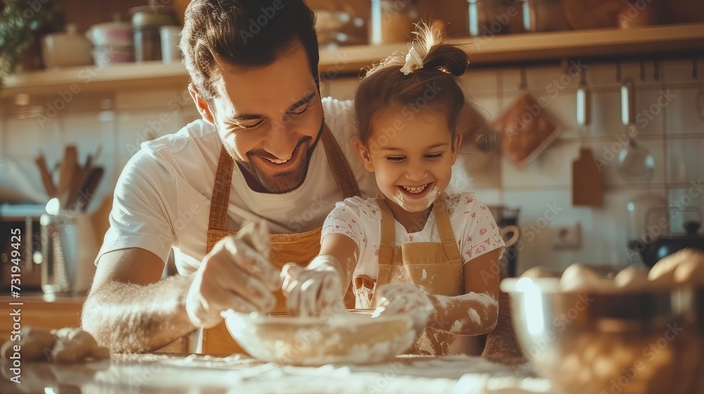 A joyful moment unfolds in the family kitchen as a father and daughter share happiness together
