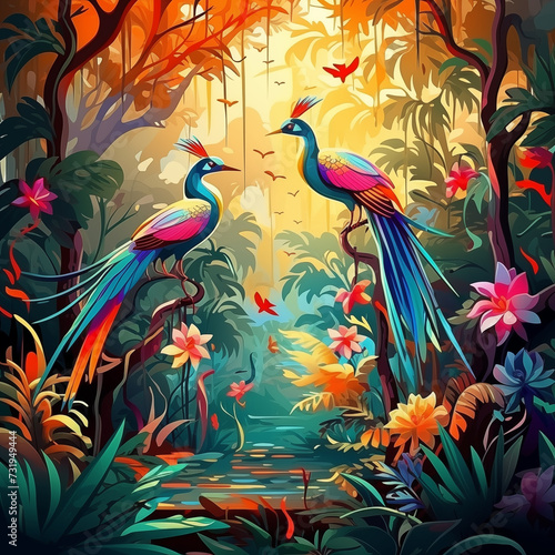 Asian colorful jungle full of birds bright colors 