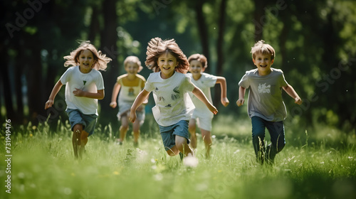  A group of happy children of boys and girls run in the Park on the grass on a Sunny summer day.